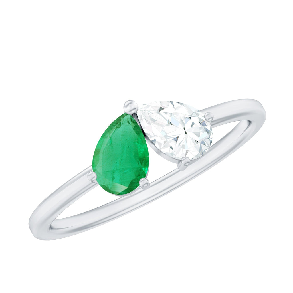 Natural Pear Shape Emerald Diamond 2 Stone Promise Ring