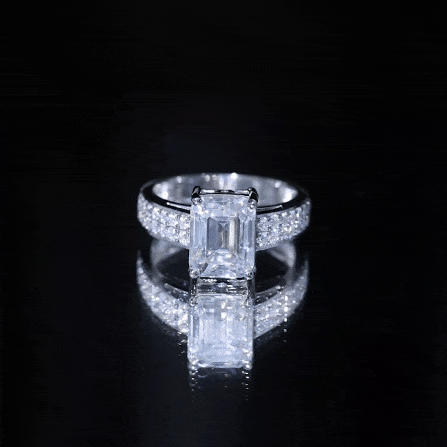 Emerald Cut Moissanite Engagement Ring with Double Row Band