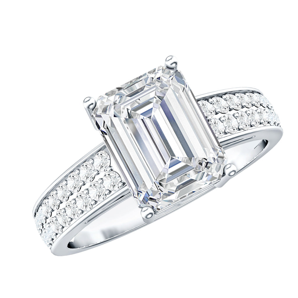 Emerald Cut Moissanite Engagement Ring with Double Row Band