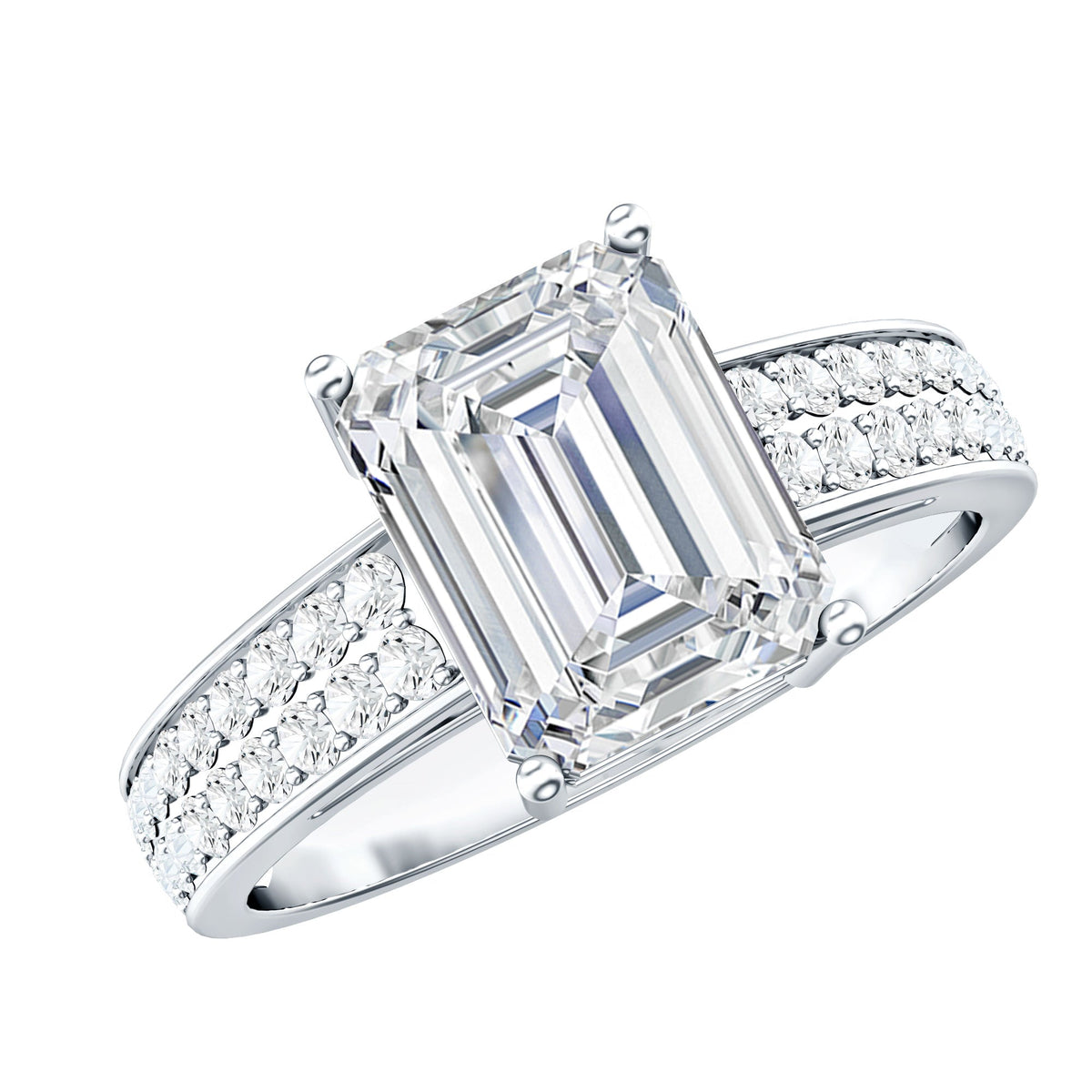 Emerald Cut Moissanite Engagement Ring with Double Row Band