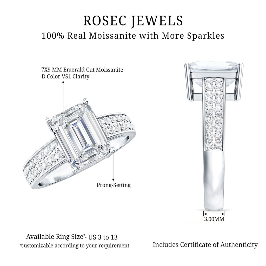 Emerald Cut Moissanite Engagement Ring with Double Row Band