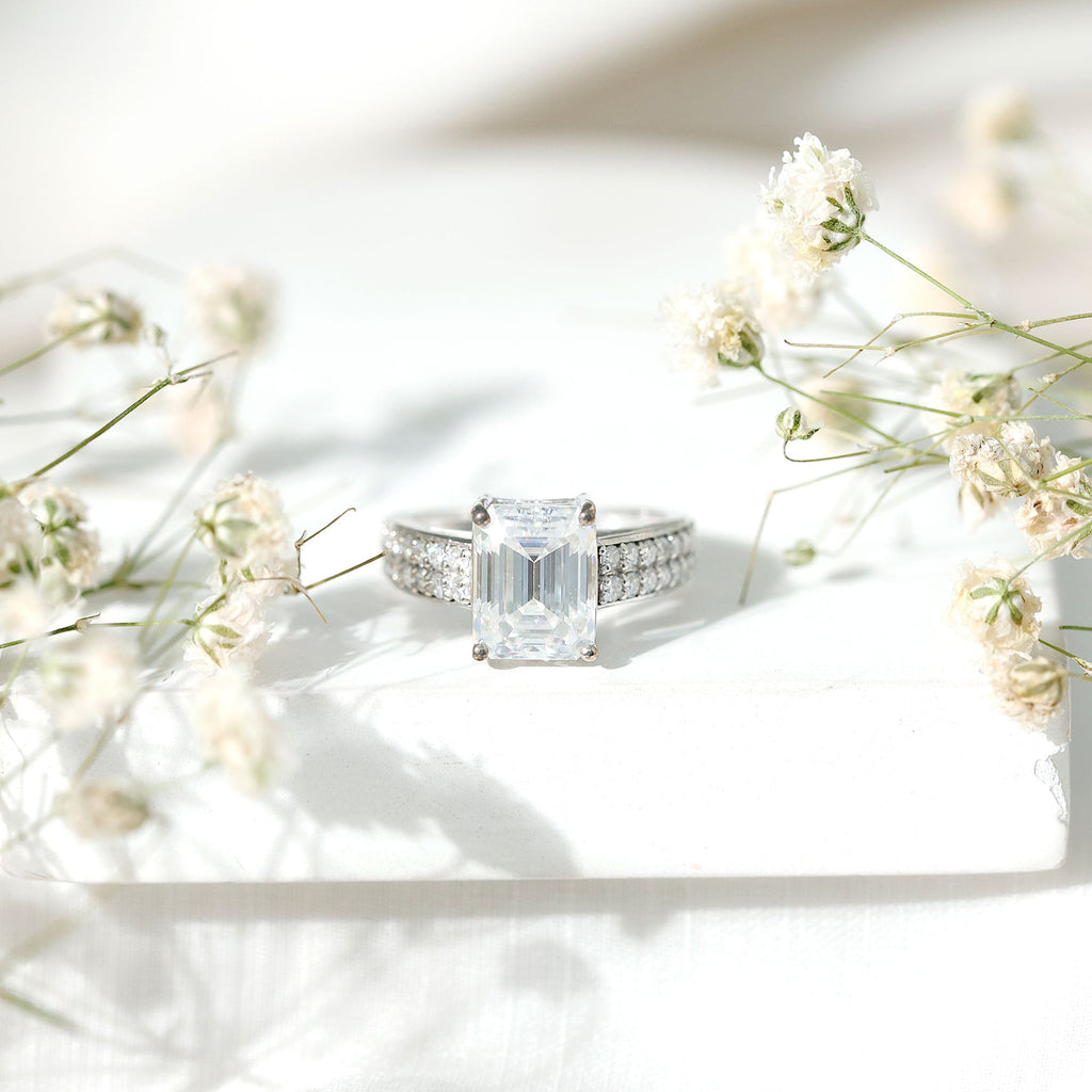 Emerald Cut Moissanite Engagement Ring with Double Row Band