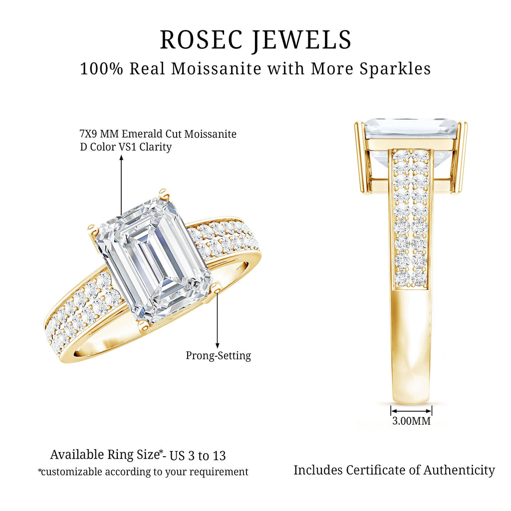 Emerald Cut Moissanite Engagement Ring with Double Row Band