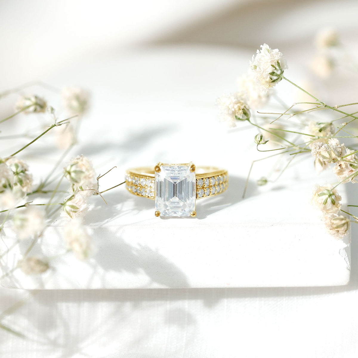 Emerald Cut Moissanite Engagement Ring with Double Row Band