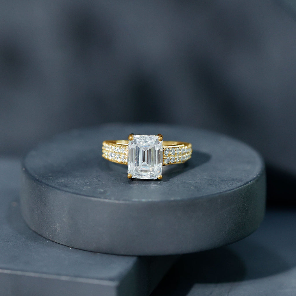 Emerald Cut Moissanite Engagement Ring with Double Row Band
