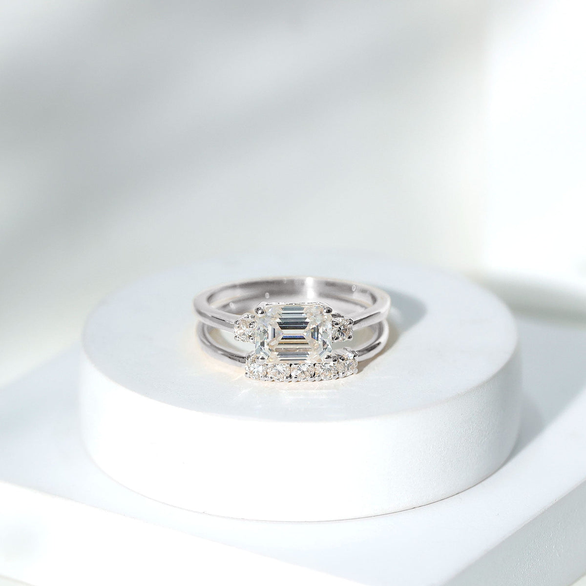 East West Emerald Cut Moissanite Engagement Ring & Wedding Band Set