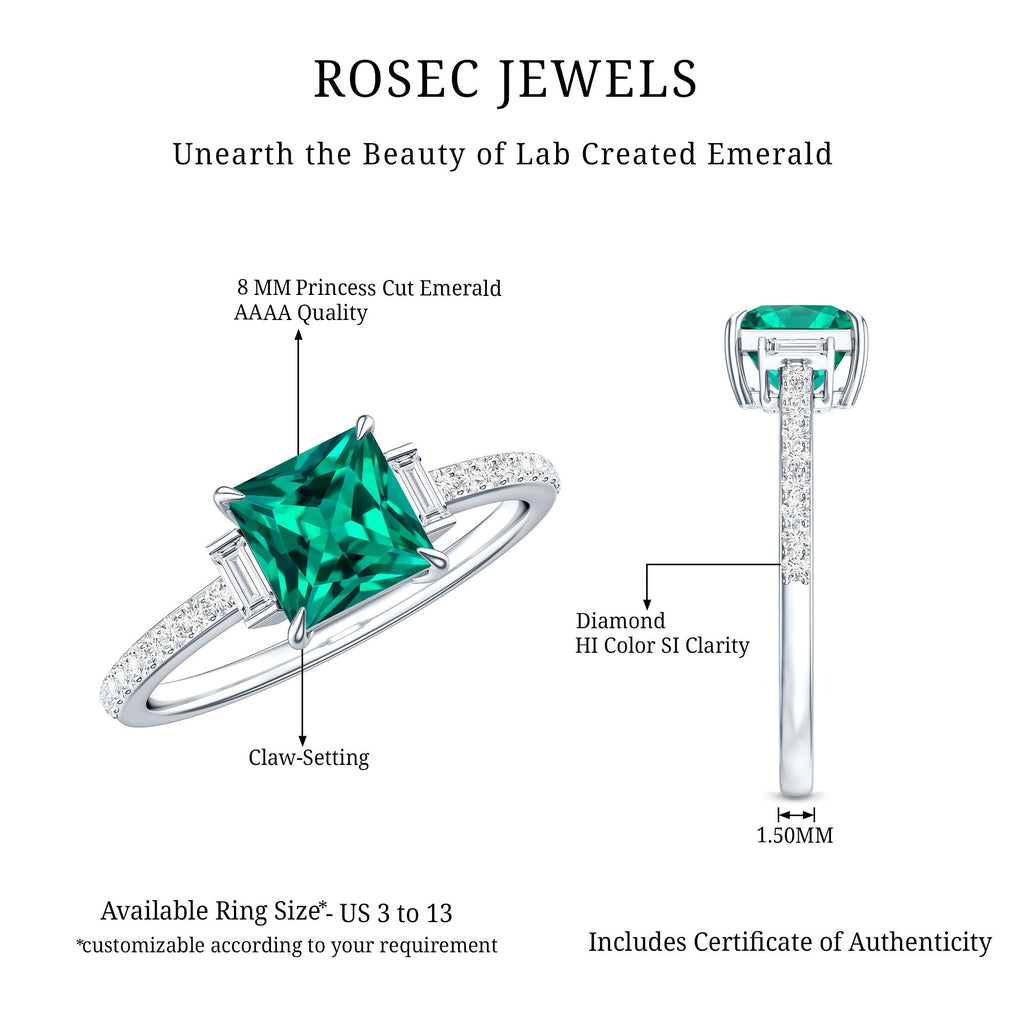 Lab Grown Emerald Diamond 3 Stone Engagement Ring with Certificate