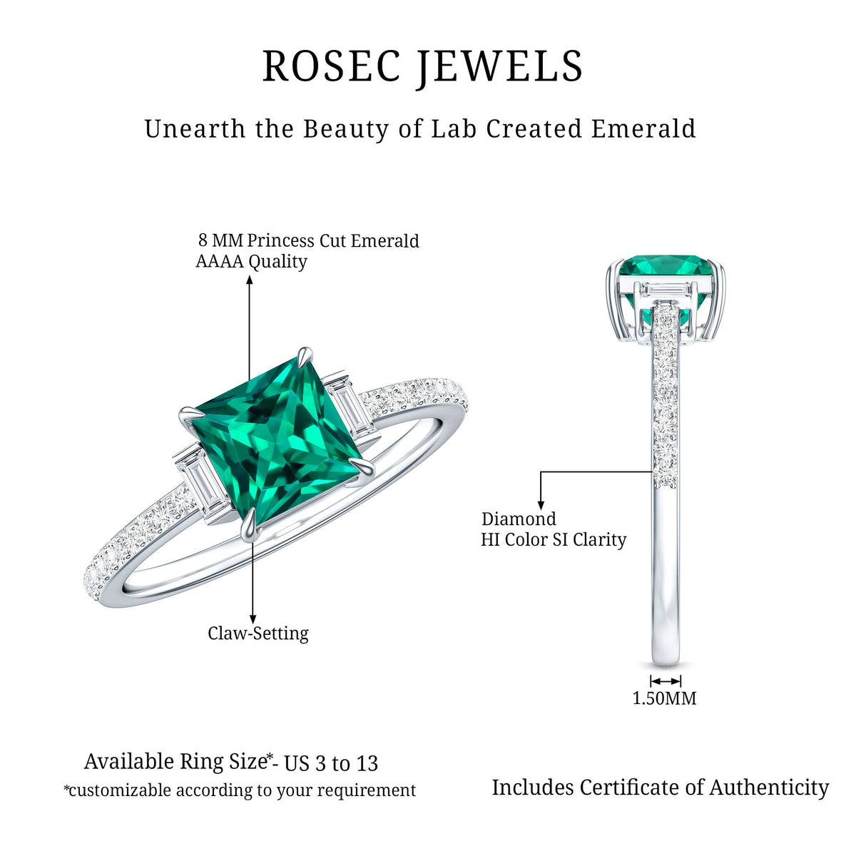 Lab Grown Emerald Diamond 3 Stone Engagement Ring with Certificate