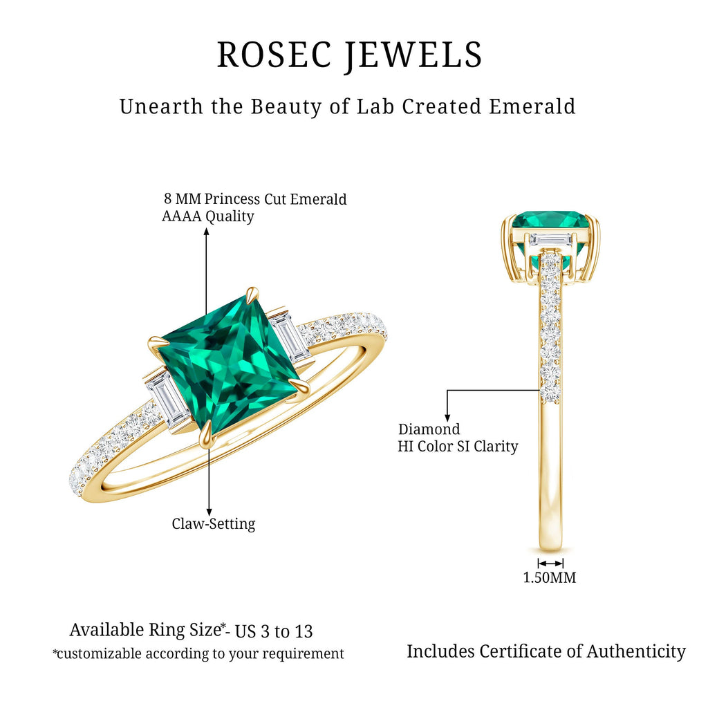 Lab Grown Emerald Diamond 3 Stone Engagement Ring with Certificate