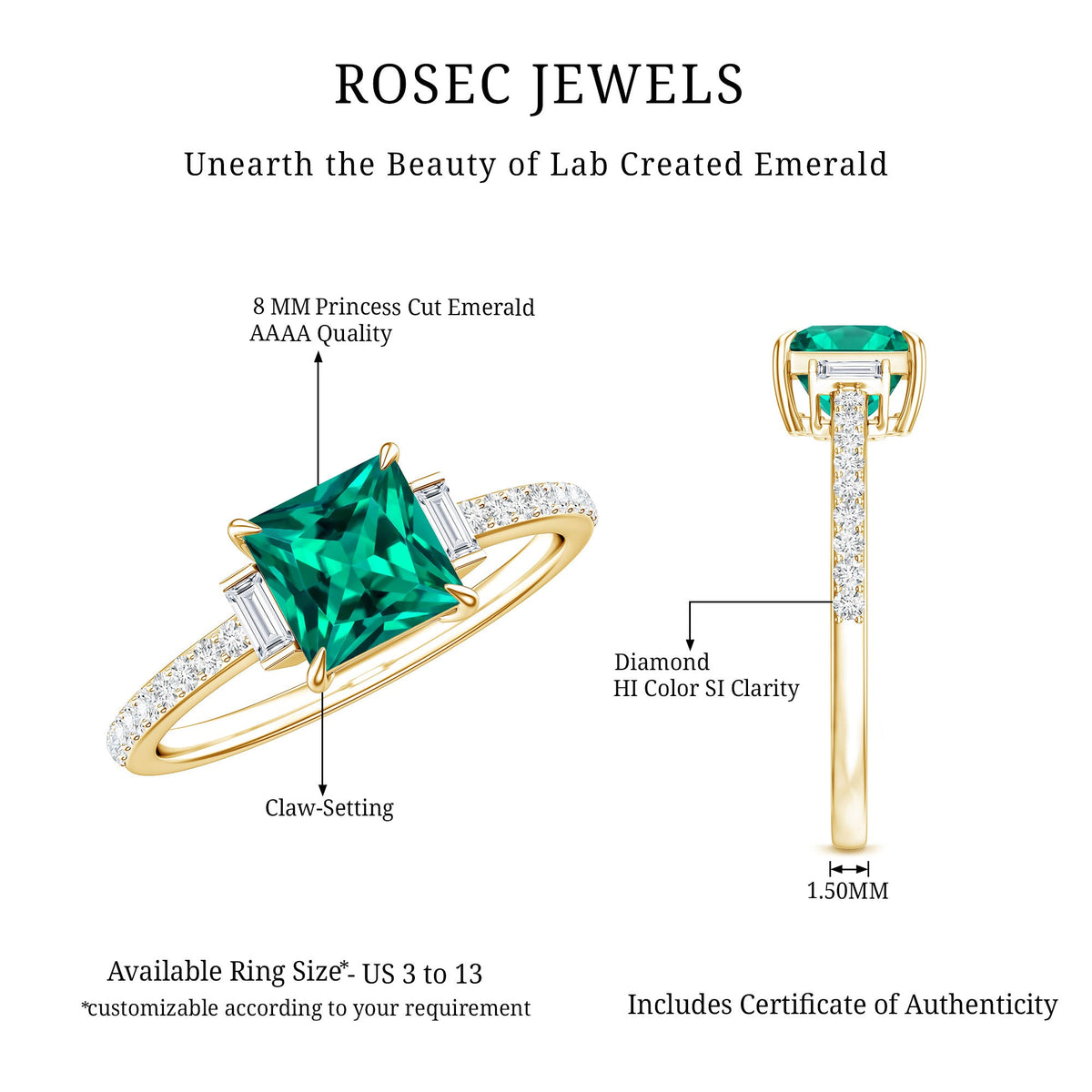 Lab Grown Emerald Diamond 3 Stone Engagement Ring with Certificate