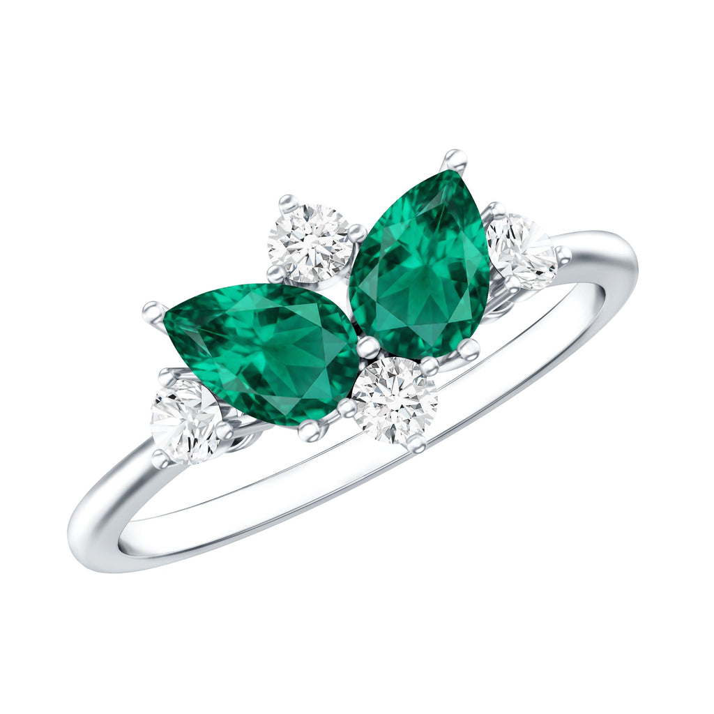Designer Pear Shape Lab Grown Emerald Toi Et Moi Engagement Ring with Diamond