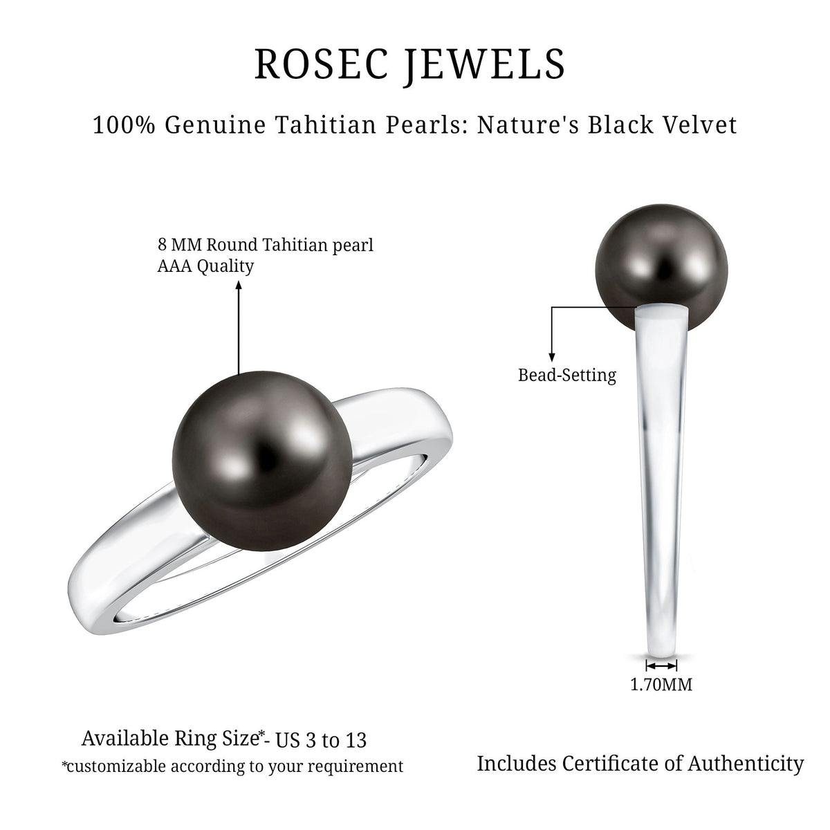 Handpicked Natural Black Pearl Solitaire Engagement Ring With Certificate