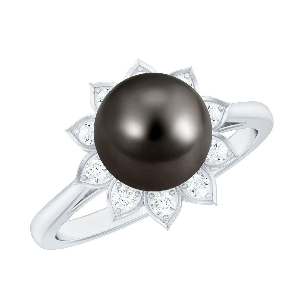 Tahitian Black Pearl Engagement Ring with Diamond Floral Halo