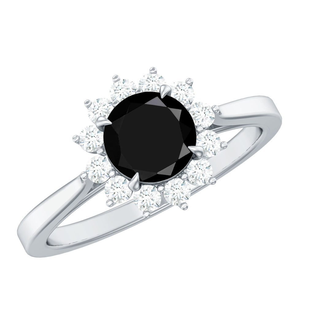 Round Cut Black Onyx and Diamond Engagement Ring For Women