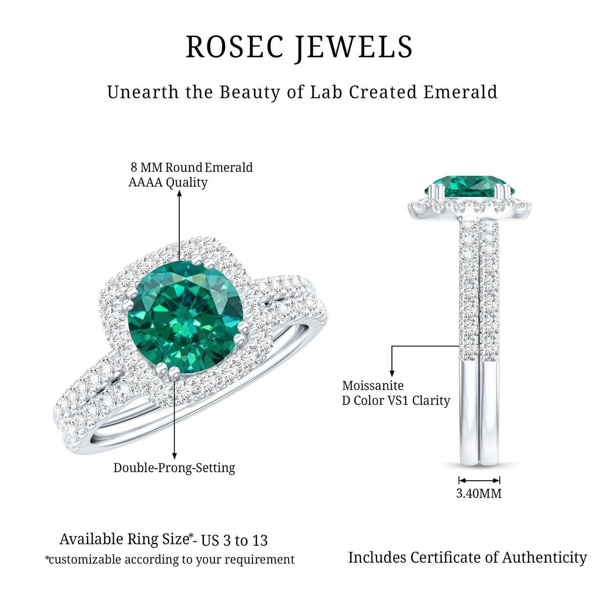 Certified Lab Grown Emerald Halo Engagement Ring with Moissanite Wedding Band