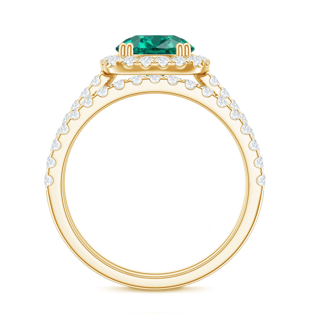 Certified Lab Grown Emerald Halo Engagement Ring with Moissanite Wedding Band