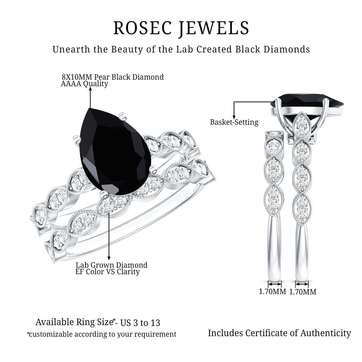 Certified 4.8 Carat Lab Grown Black Diamond Engagement Ring with Wedding Band