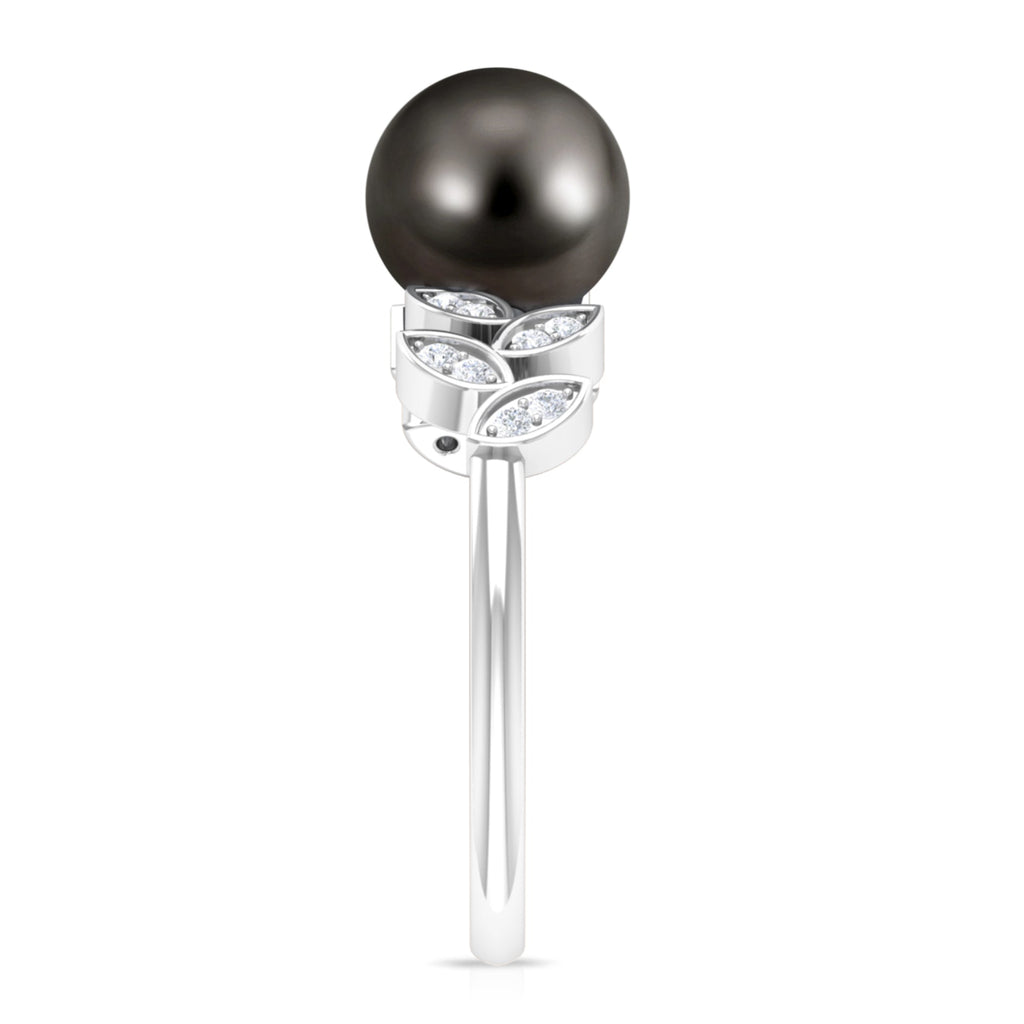 Tahitian Black Pearl and Diamond Leaf Minimal Engagement Ring