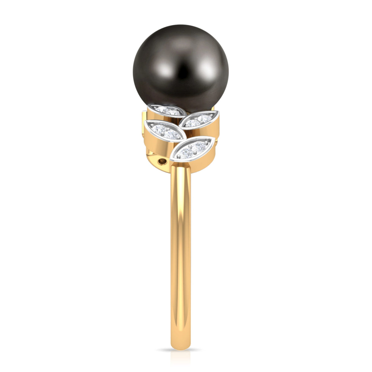 Tahitian Black Pearl and Diamond Leaf Minimal Engagement Ring