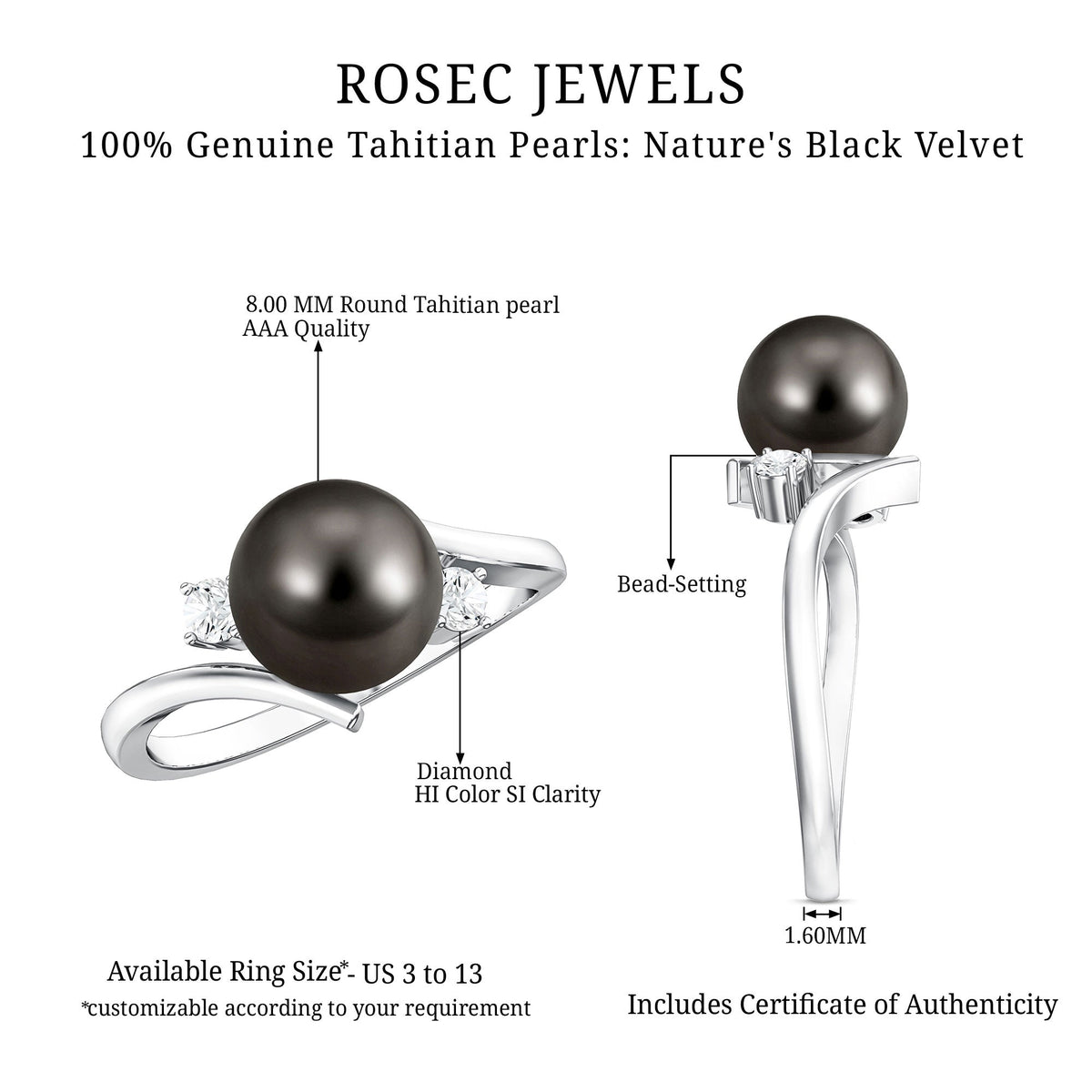 Natural Tahitian Black Pearl Diamond Vintage Engagement Ring