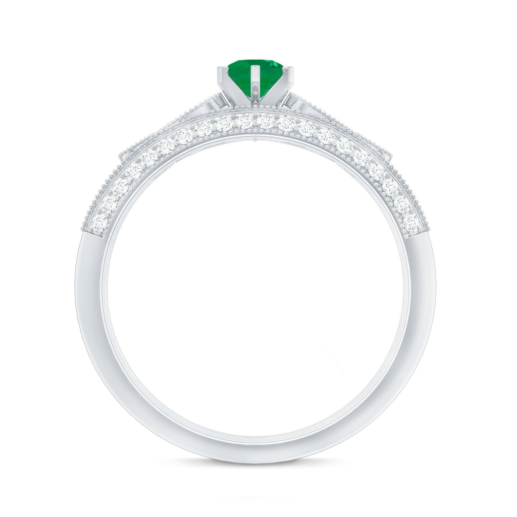 Vintage Emerald and Diamond Bridal Ring Set with Matching Wedding Band