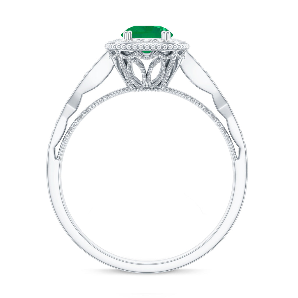 Emerald Vintage Looking Engagement Ring with Diamond Halo