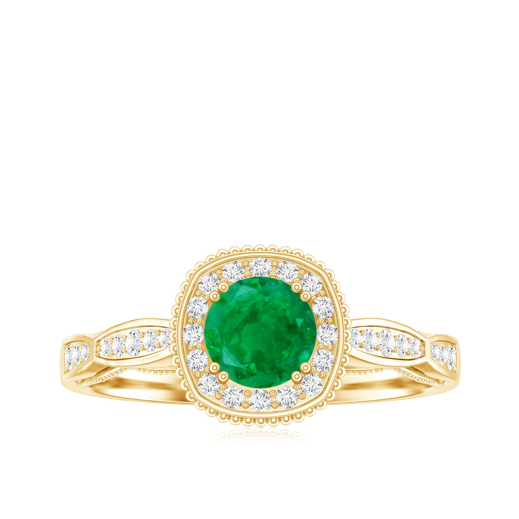 Emerald Vintage Looking Engagement Ring with Diamond Halo