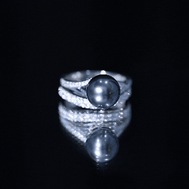 Designer Tahitian Black Pearl Wedding Ring Set with Moissanite