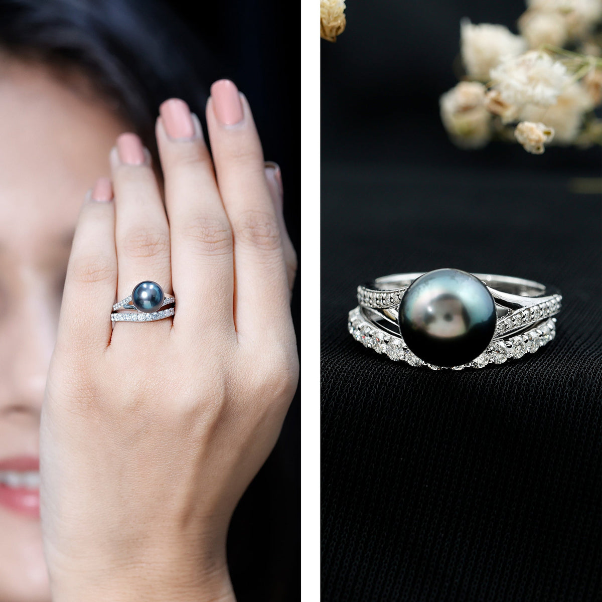 Designer Tahitian Black Pearl Wedding Ring Set with Moissanite