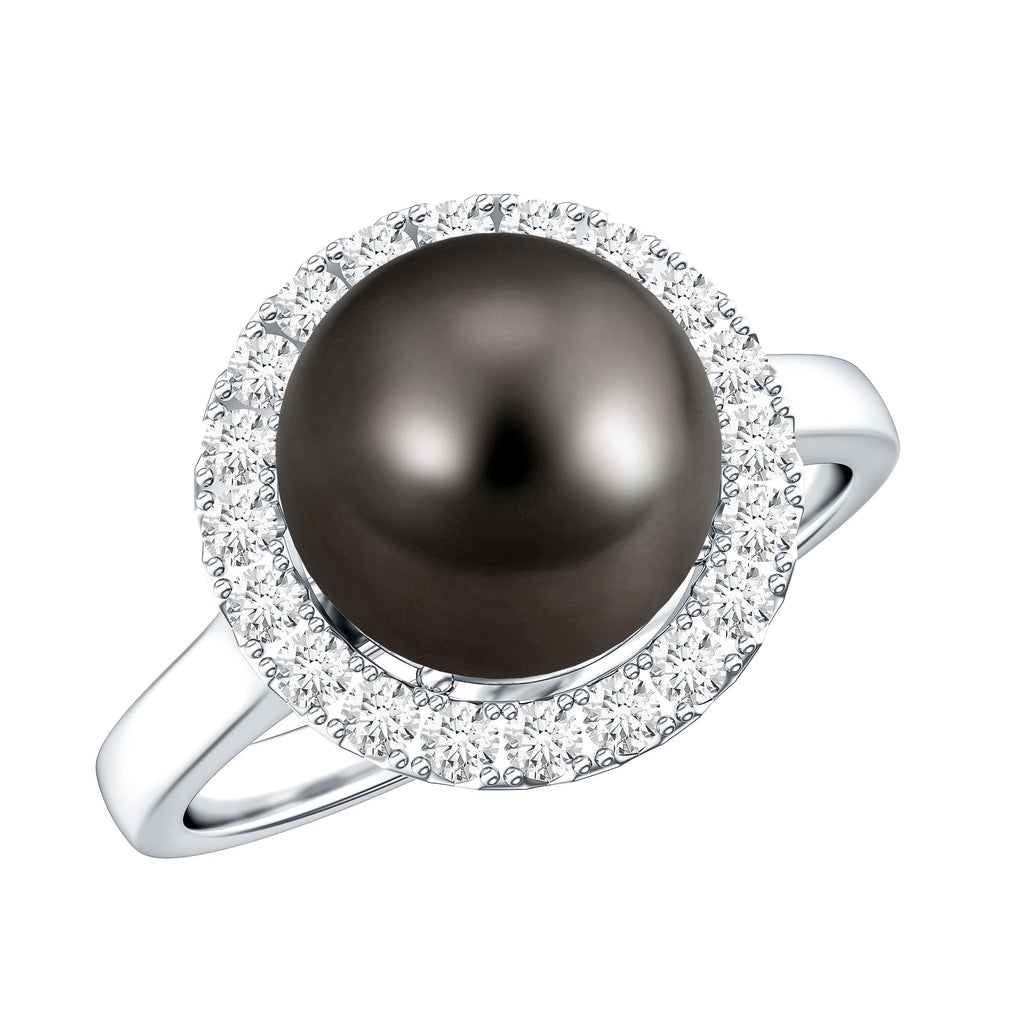 Genuine Tahitian Black Pearl and Diamond Engagement Ring