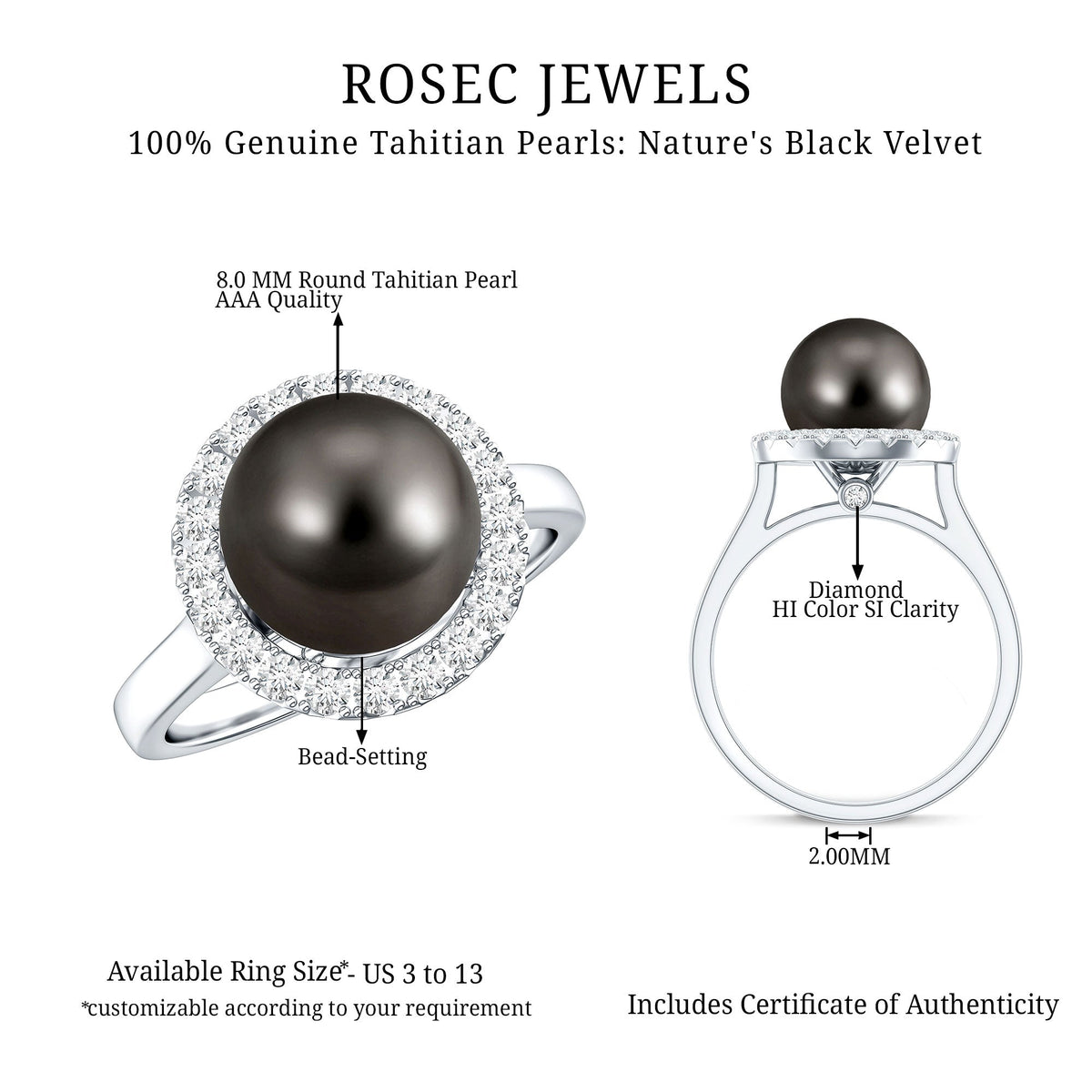 Genuine Tahitian Black Pearl and Diamond Engagement Ring