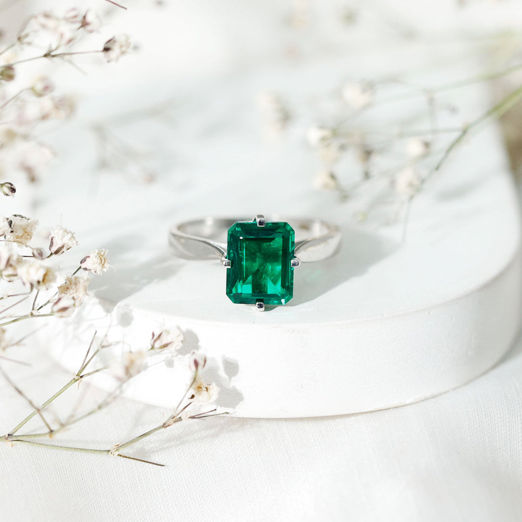 3 Carat Emerald Cut Lab Grown Emerald Solitaire Engagement Ring