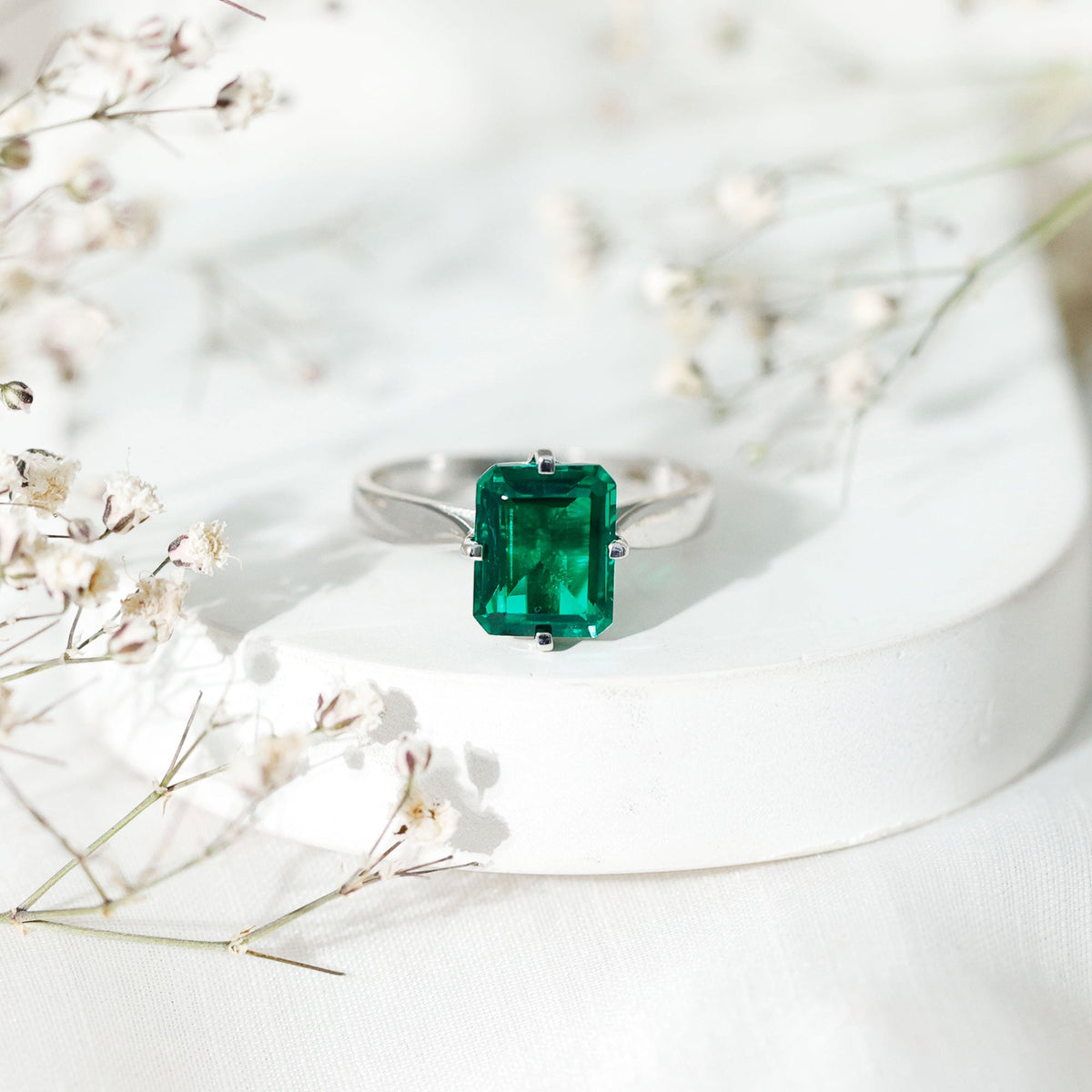 3 Carat Emerald Cut Lab Grown Emerald Solitaire Engagement Ring
