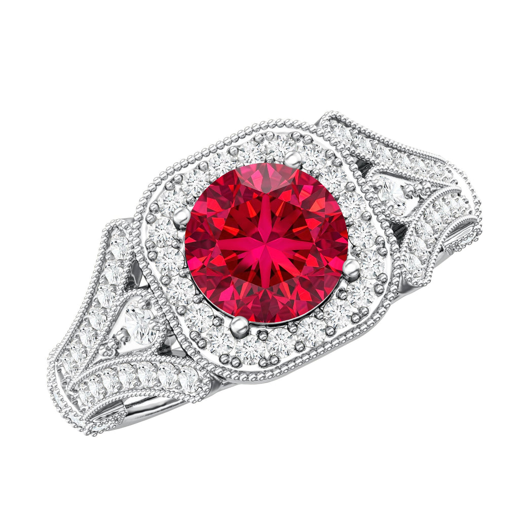Antique Looking Lab Grown Ruby Engagement Ring with Diamond Halo