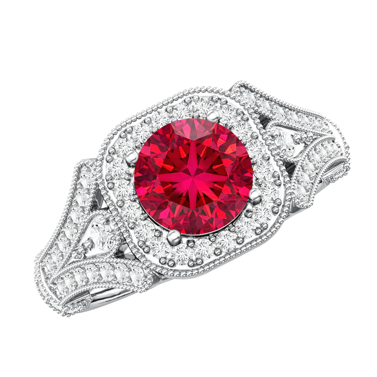 Antique Looking Lab Grown Ruby Engagement Ring with Diamond Halo