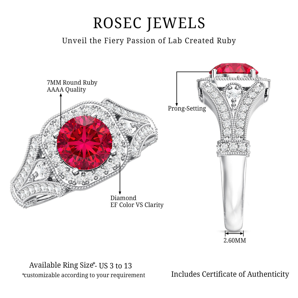 Antique Looking Lab Grown Ruby Engagement Ring with Diamond Halo