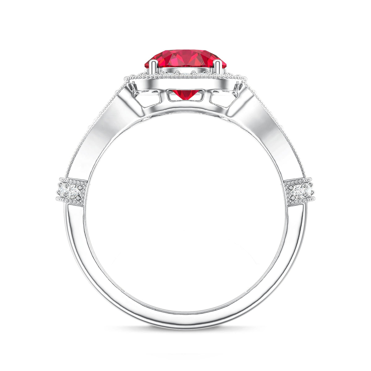 Antique Looking Lab Grown Ruby Engagement Ring with Diamond Halo