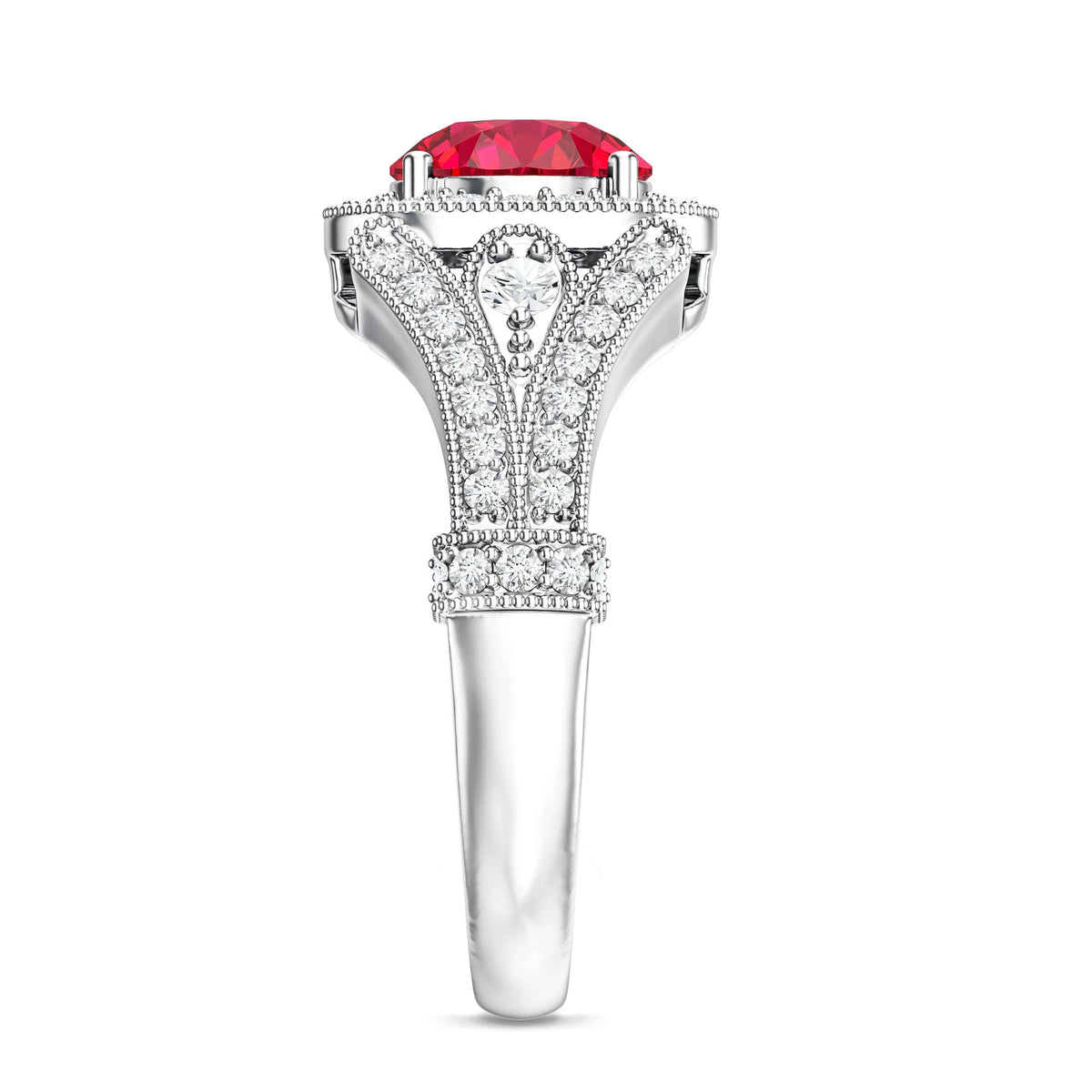 Antique Looking Lab Grown Ruby Engagement Ring with Diamond Halo