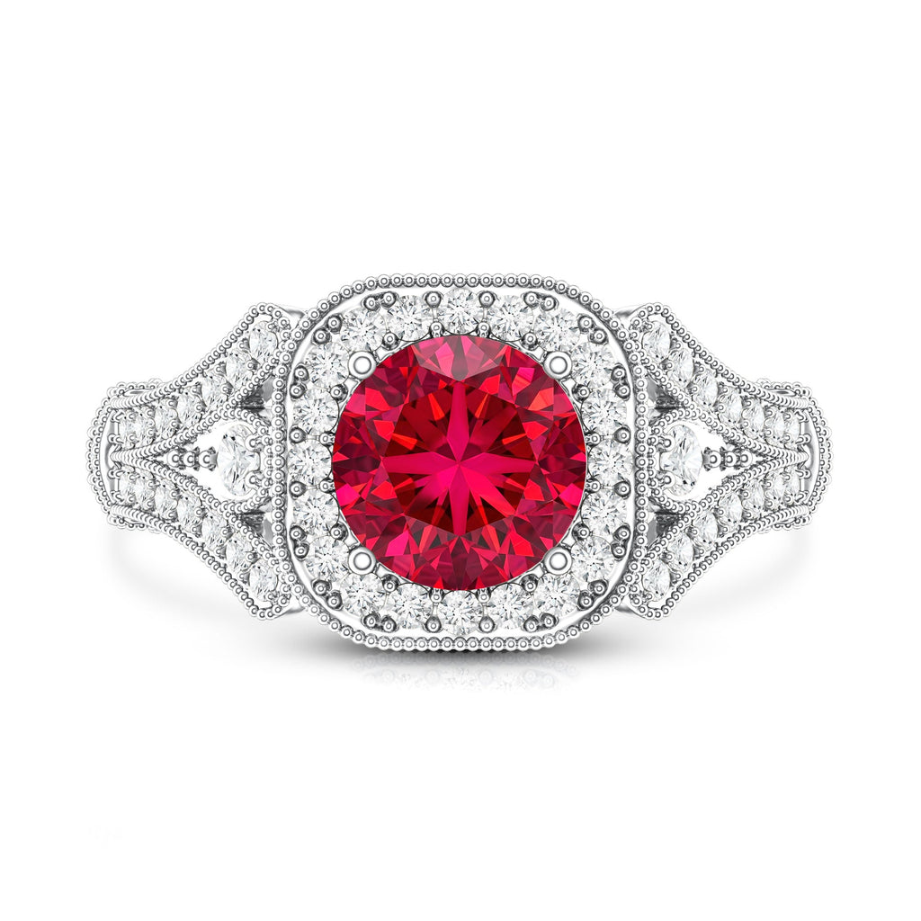 Antique Looking Lab Grown Ruby Engagement Ring with Diamond Halo