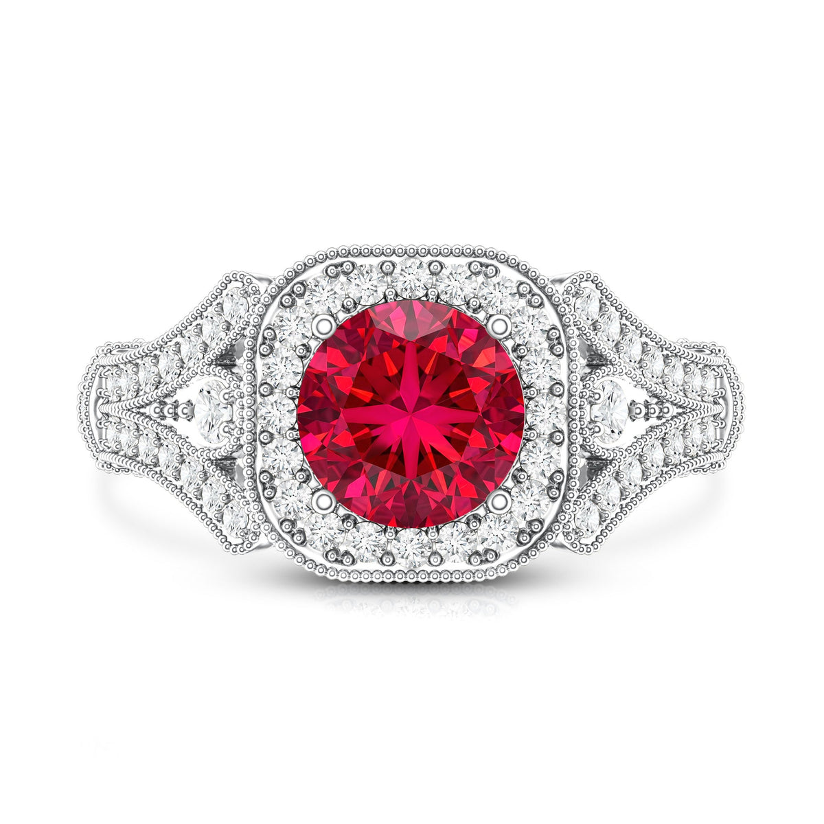 Antique Looking Lab Grown Ruby Engagement Ring with Diamond Halo