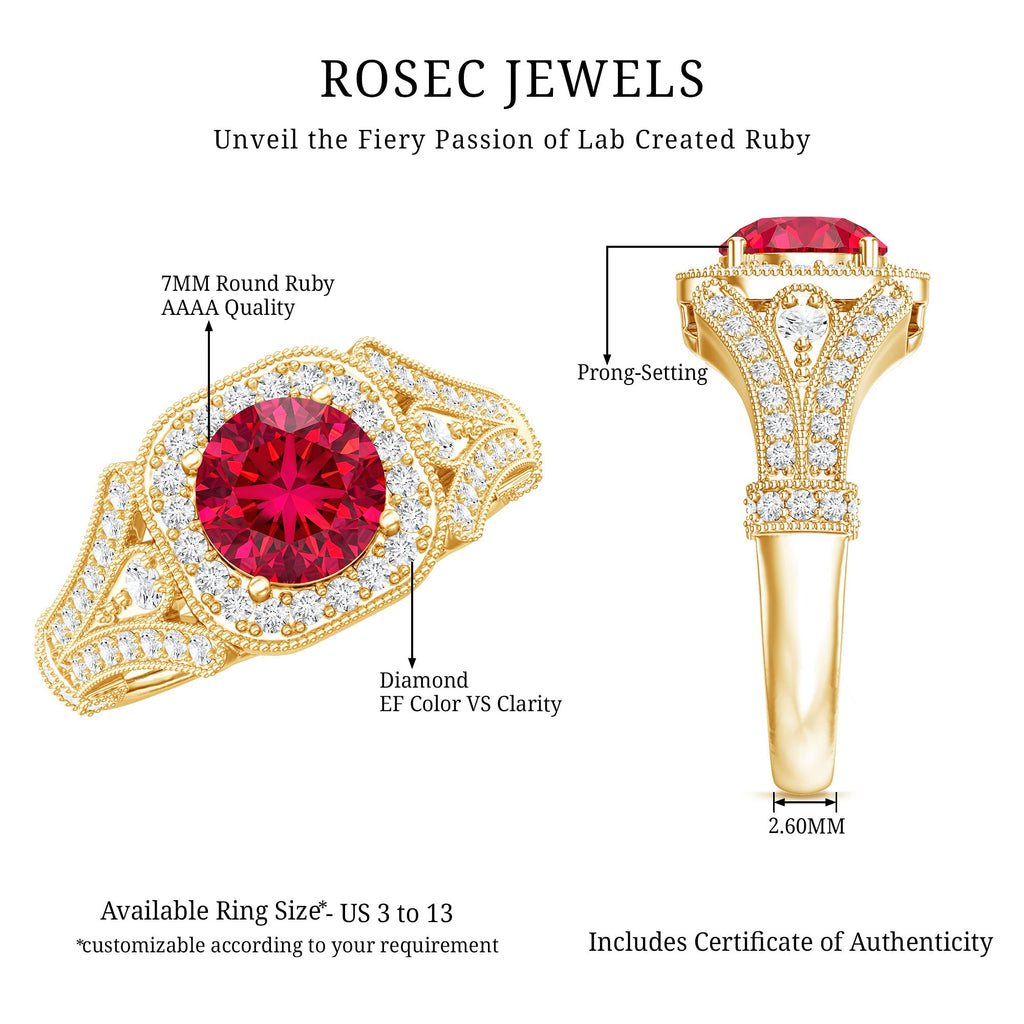 Antique Looking Lab Grown Ruby Engagement Ring with Diamond Halo
