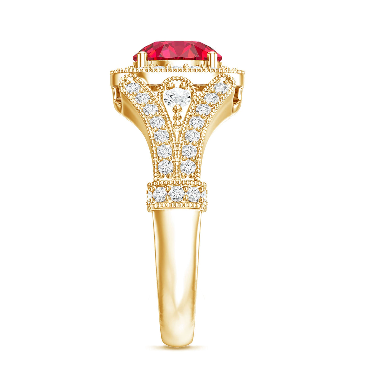 Antique Looking Lab Grown Ruby Engagement Ring with Diamond Halo