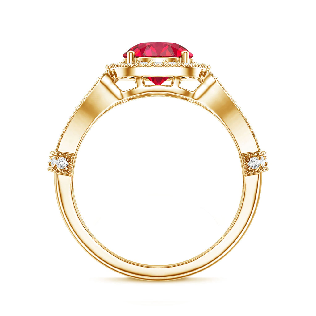 Antique Looking Lab Grown Ruby Engagement Ring with Diamond Halo