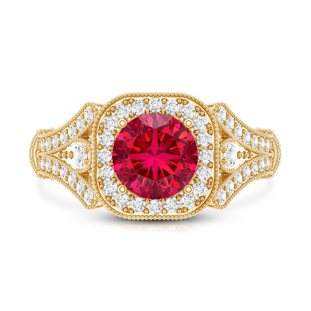 Antique Looking Lab Grown Ruby Engagement Ring with Diamond Halo