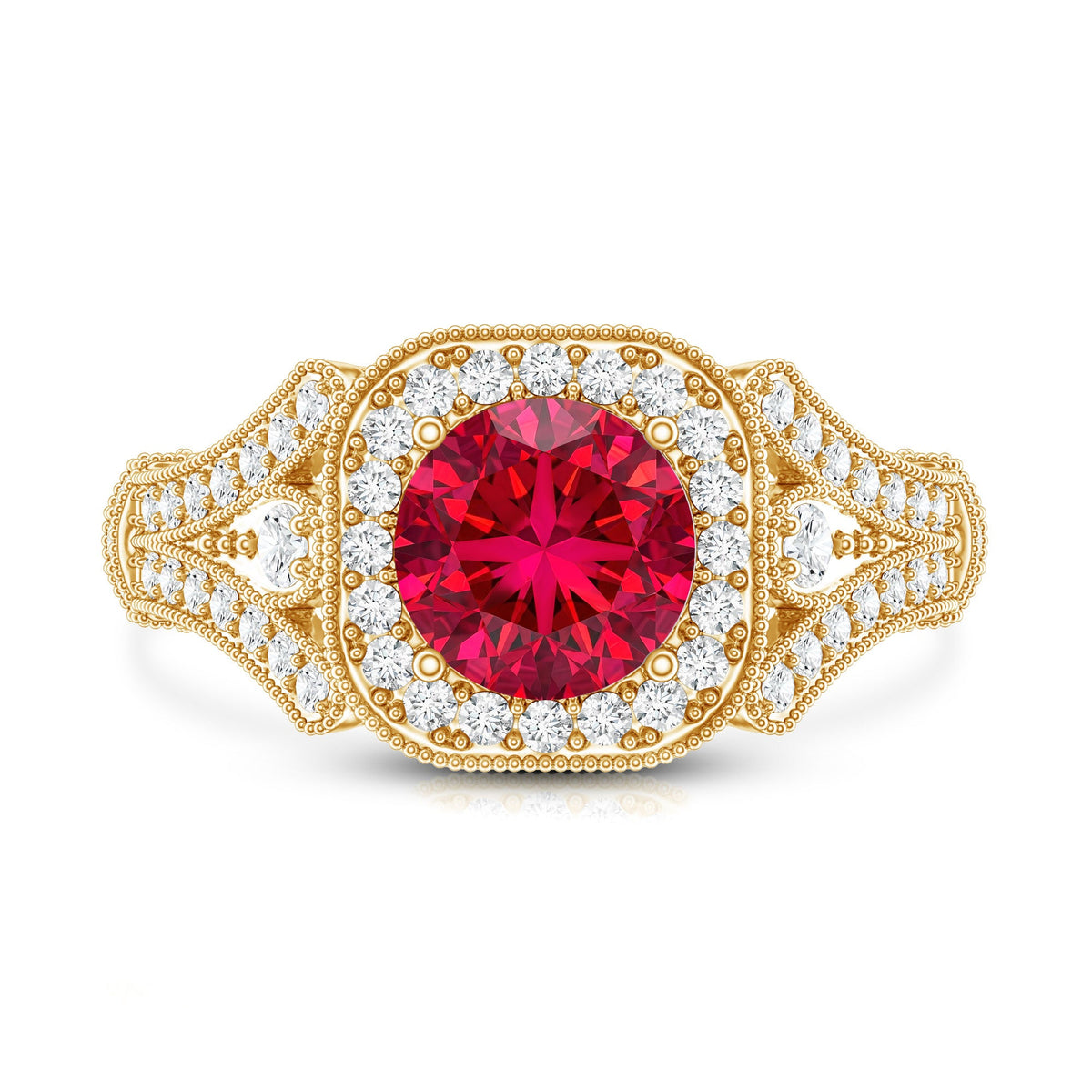 Antique Looking Lab Grown Ruby Engagement Ring with Diamond Halo