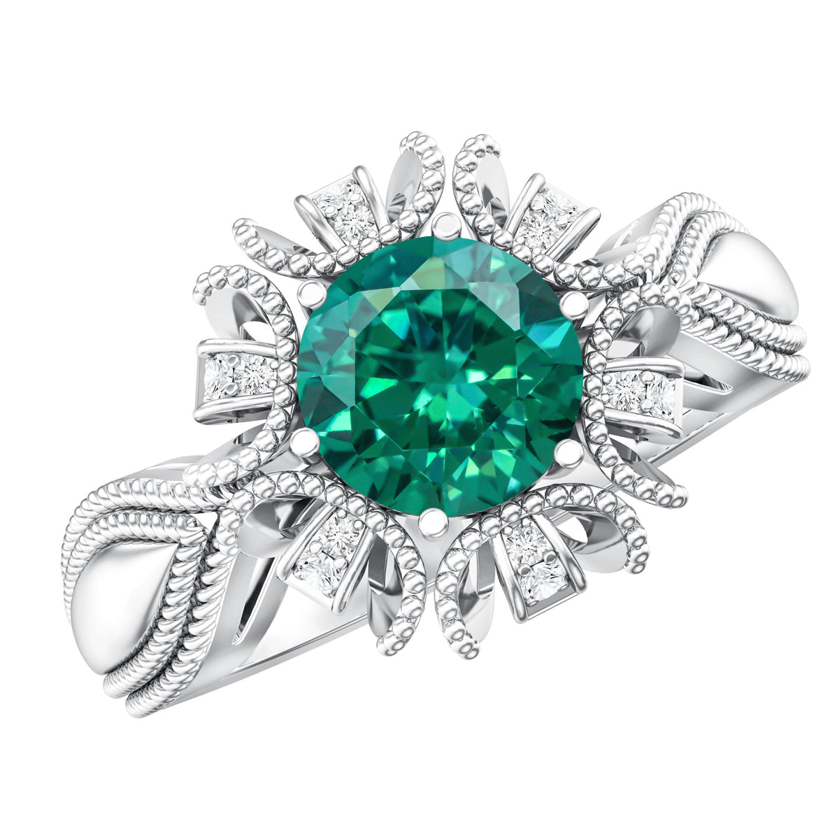 Lab Grown Emerald Vintage Style Flower Engagement Ring With Diamond