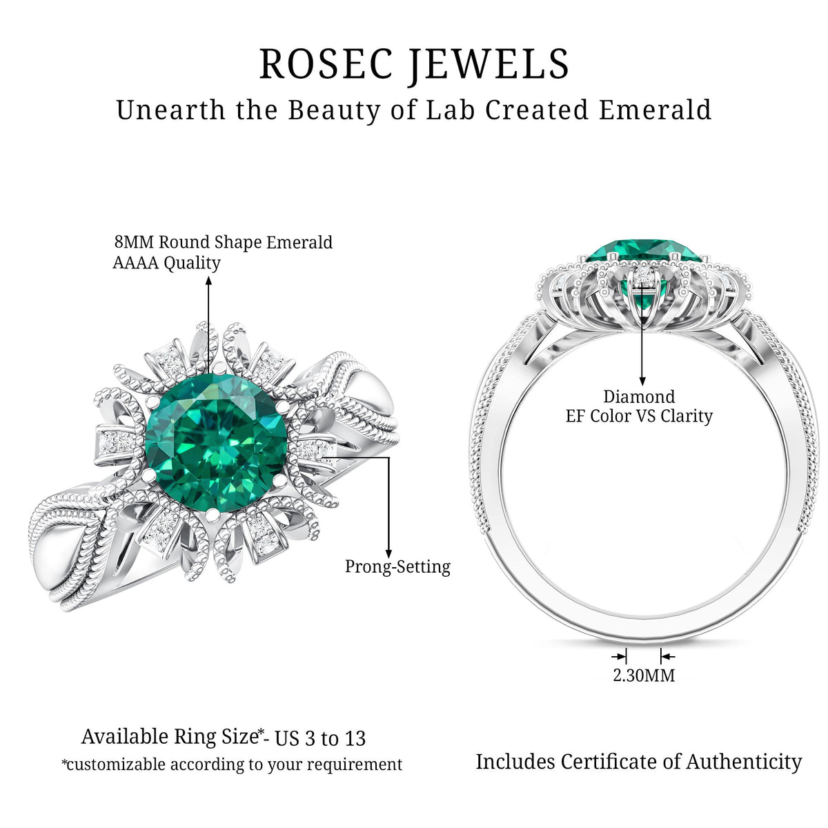 Lab Grown Emerald Vintage Style Flower Engagement Ring With Diamond