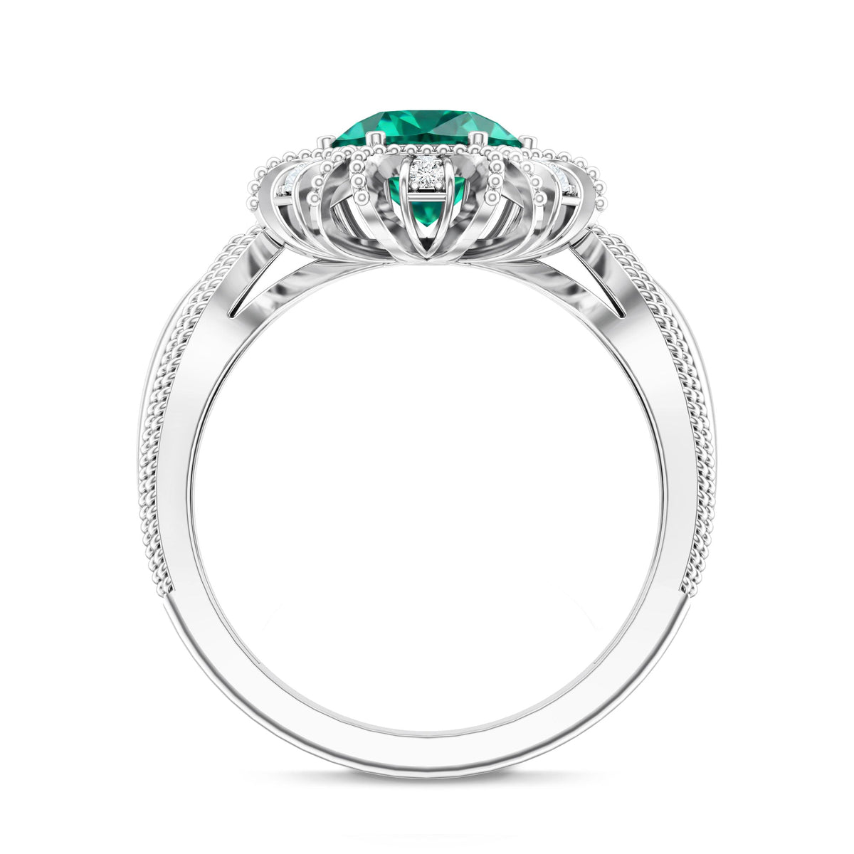 Lab Grown Emerald Vintage Style Flower Engagement Ring With Diamond