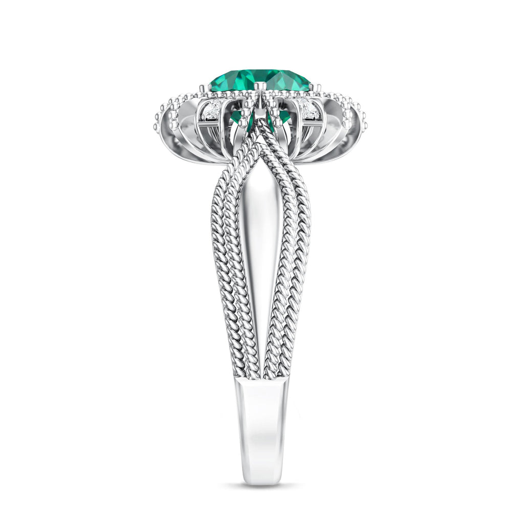 Lab Grown Emerald Vintage Style Flower Engagement Ring With Diamond