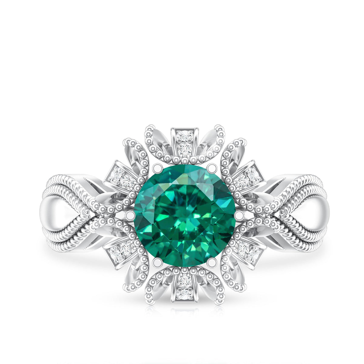 Lab Grown Emerald Vintage Style Flower Engagement Ring With Diamond